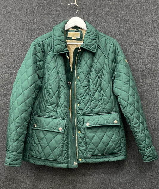 Michael Kors Women's Green Diamond Quilted Full Zip Jacket Pockets Sz L