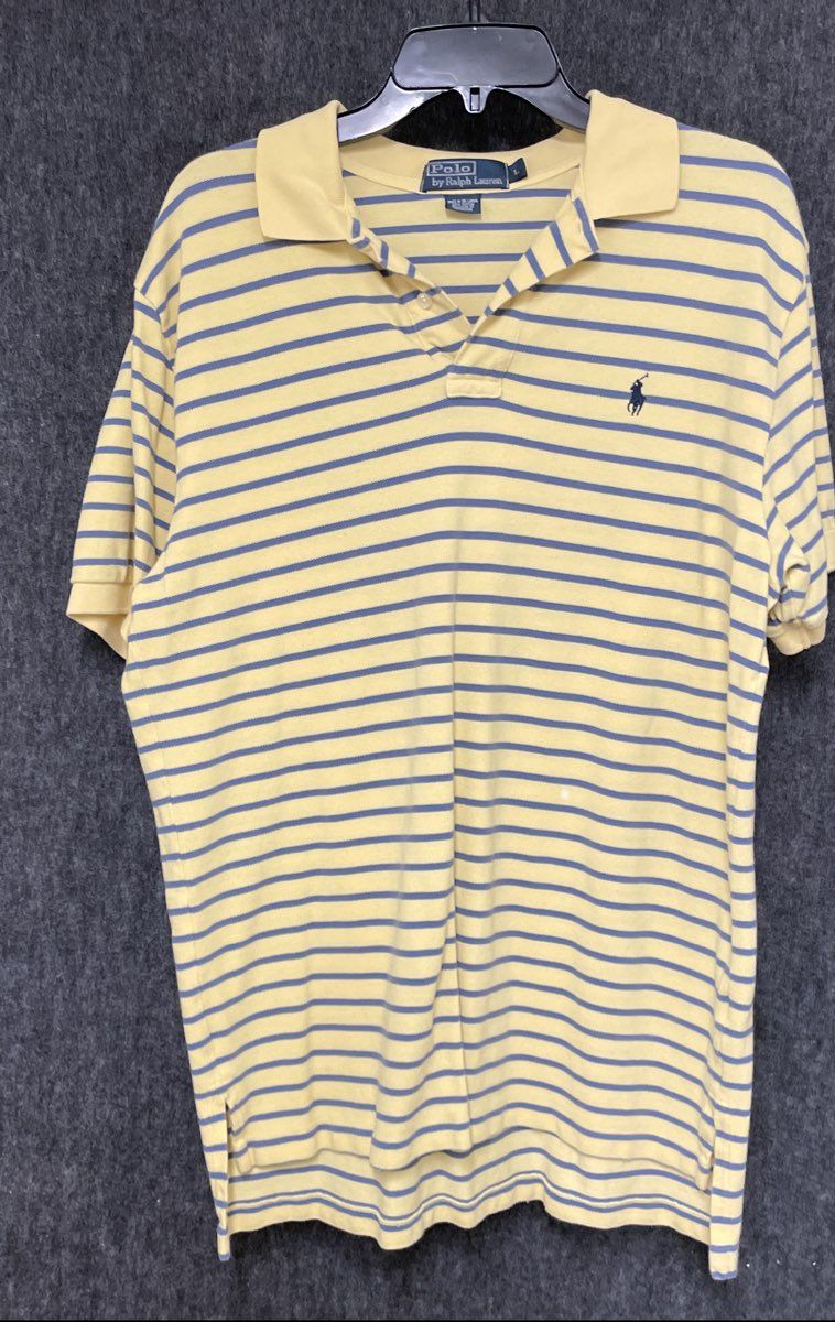 Vintage Polo Ralph Lauren Men's Yellow Blue Striped Cotton Polo Shirt Sz L