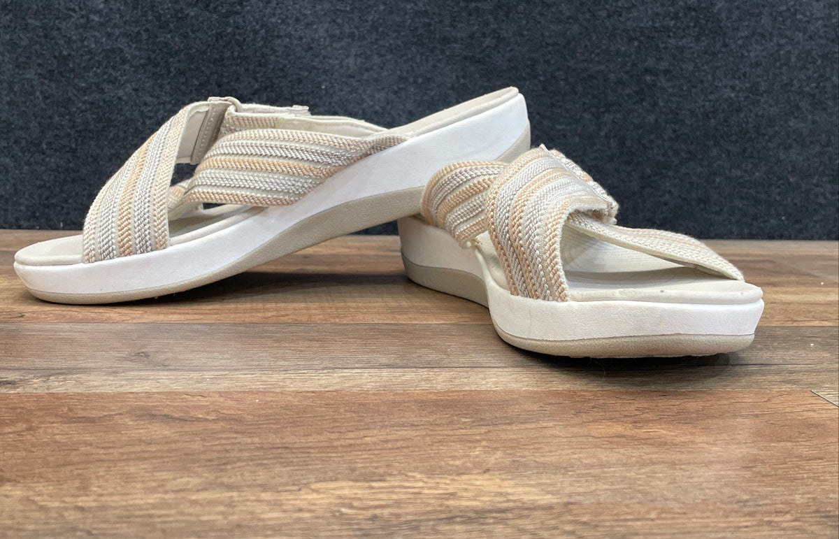 Clarks Cloudsteppers White Tan Striped Adjustable Slide Sandals Women's Size 10W