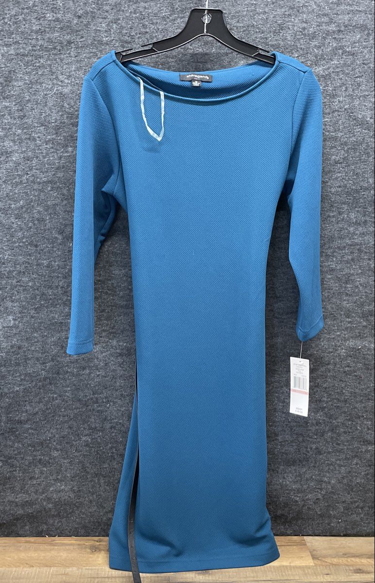 Sharagano Women's Teal Textured Stretch Knit Long Sleeve Belted Dress Sz 10 NWT