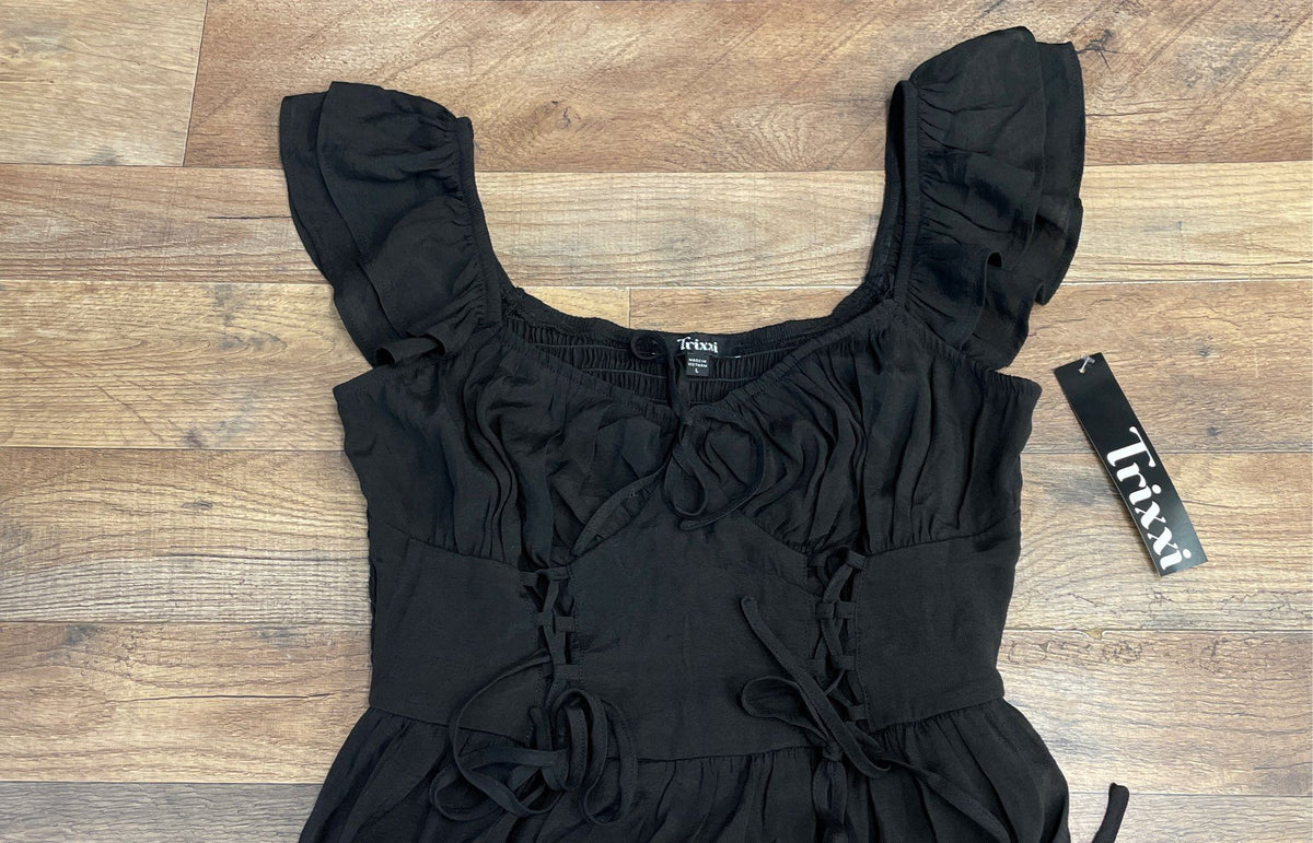 Trixxi Women's Black Lace Up Ruffled Smocked Midi Dress NWT Sz L