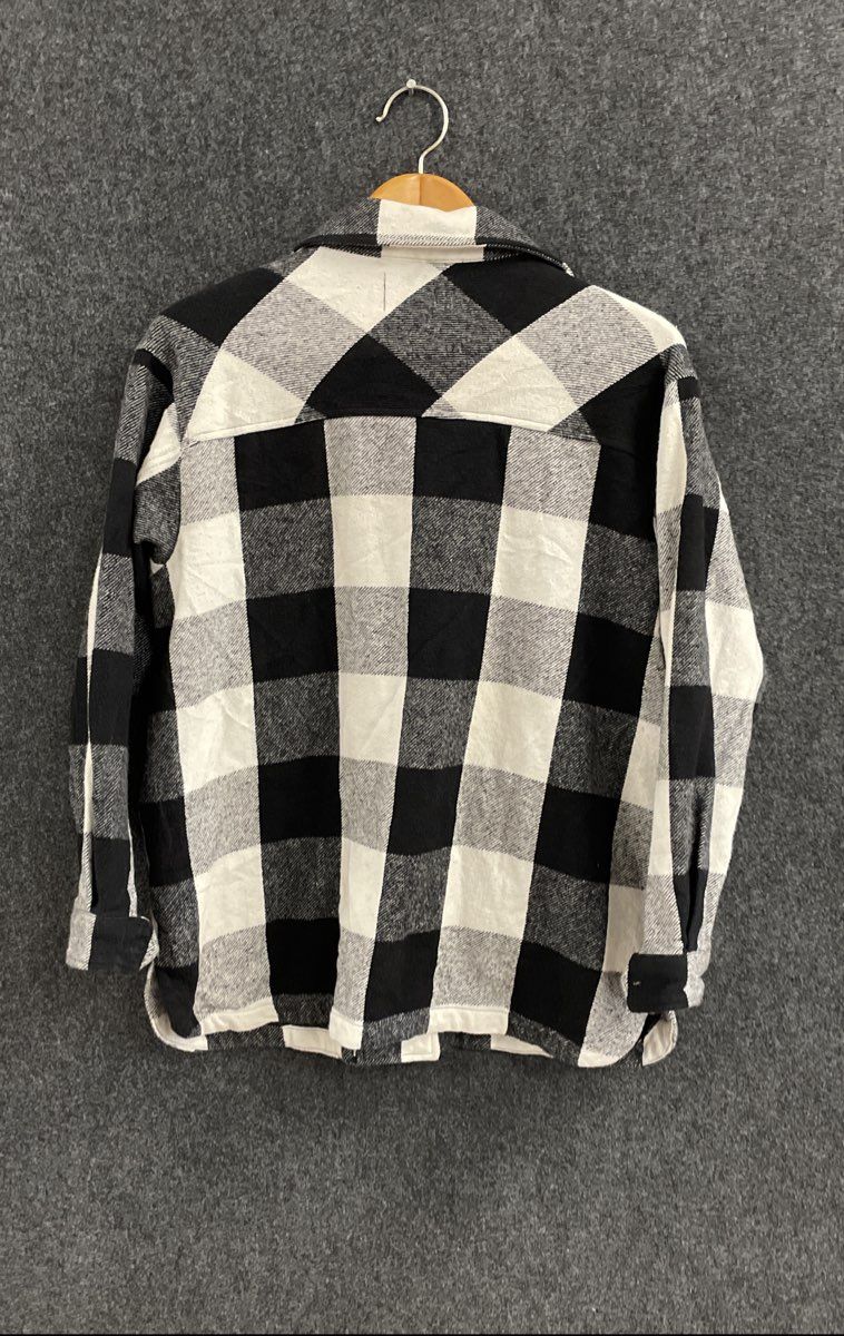 Lucky Brand Women's Black White Buffalo Plaid Flannel Shacket Shirt Jacket Sz M
