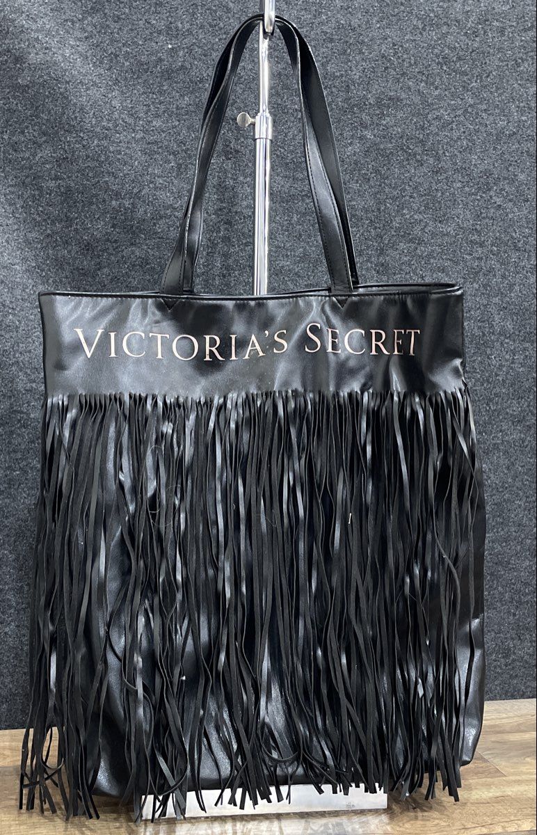Victoria's Secret Black Leather Fringe Metallic Logo Tote Bag Large