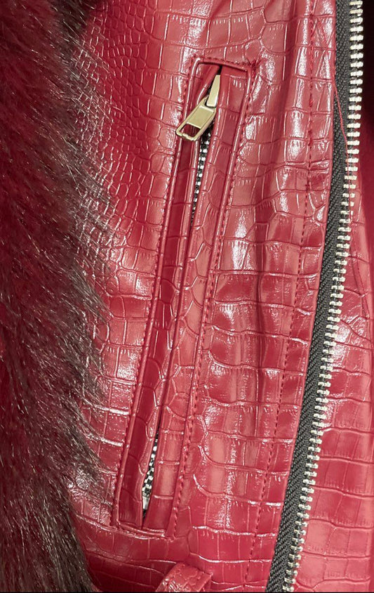 Women's Burgundy Croc Embossed Faux Fur Sleeve Belted Moto Jacket Sz M