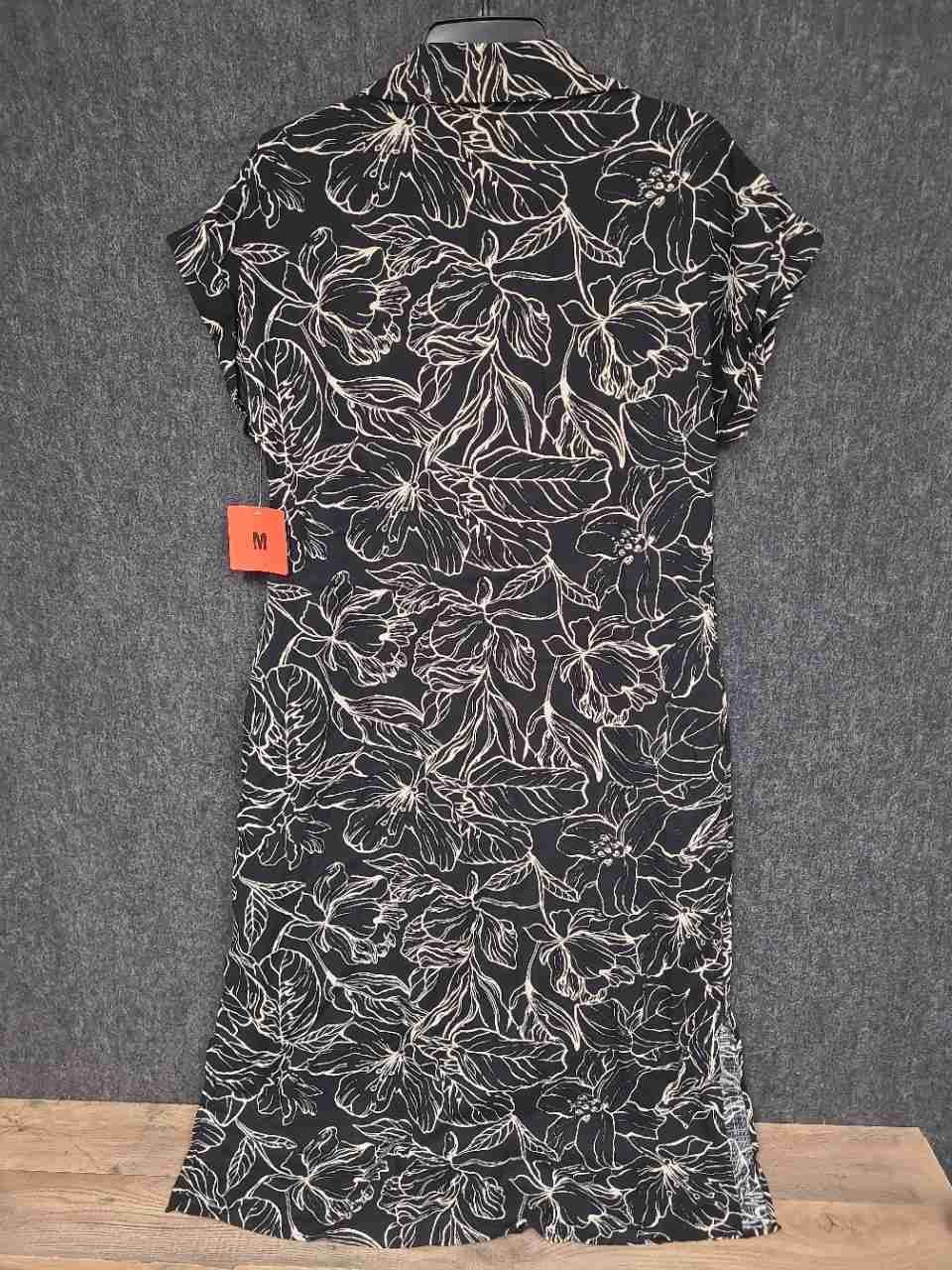 Jewel Badgley Mischka Women's Black Floral Button Front Shirt Dress Sz M NWT