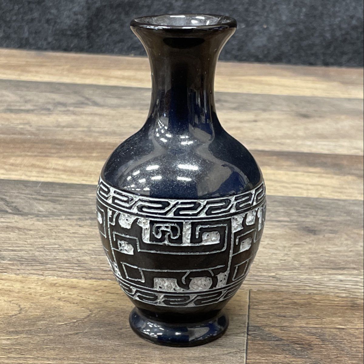 Vintage Pair Hand Carved Sgraffito Pottery Vases Aztec Style Black Brown Set