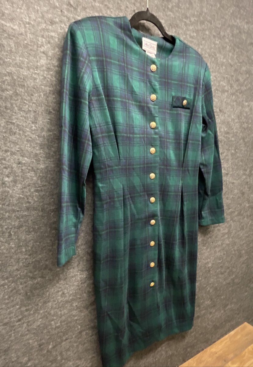 Miss Dorby Vintage 80s Green Navy Tartan Plaid Button Dress