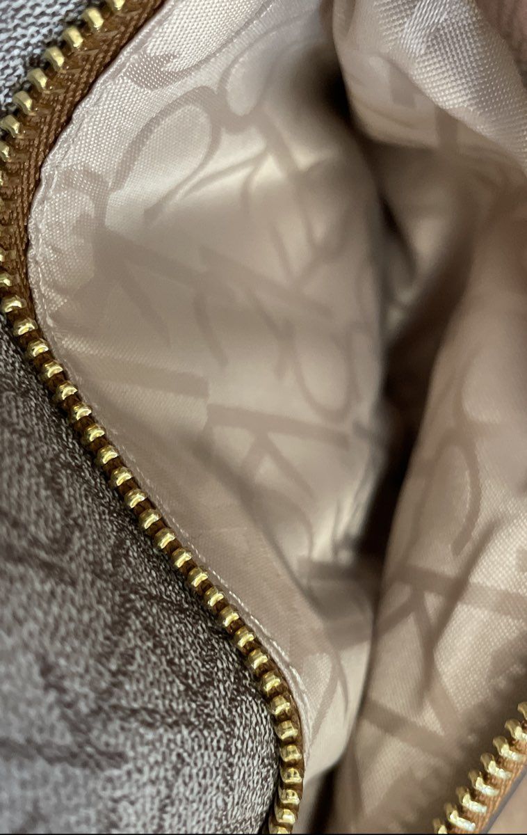 Calvin Klein Beige Tan Monogram Logo Convertible Backpack Sling Bag Gold