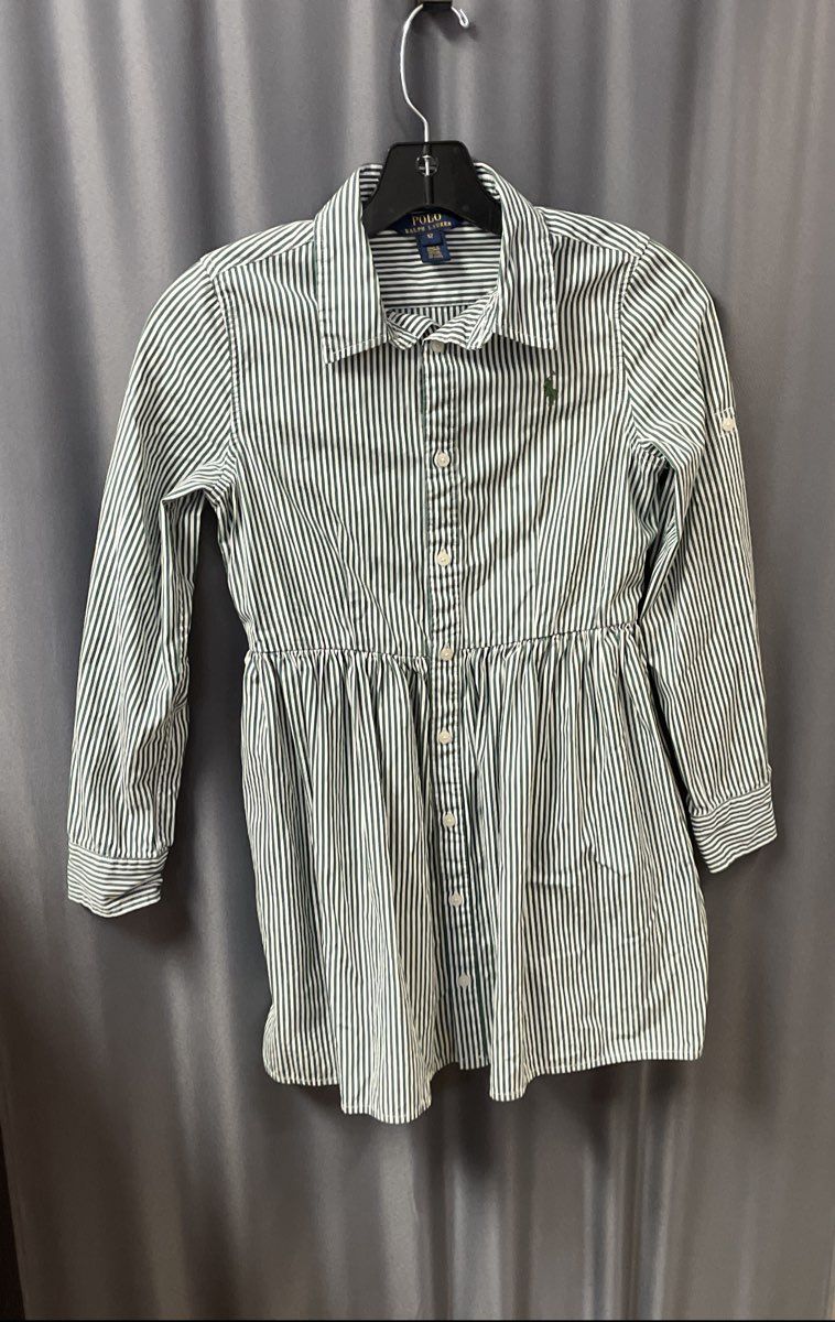 Polo Ralph Lauren Girls Green White Pinstripe Shirt Dress Roll Tab Sleeve Sz 12