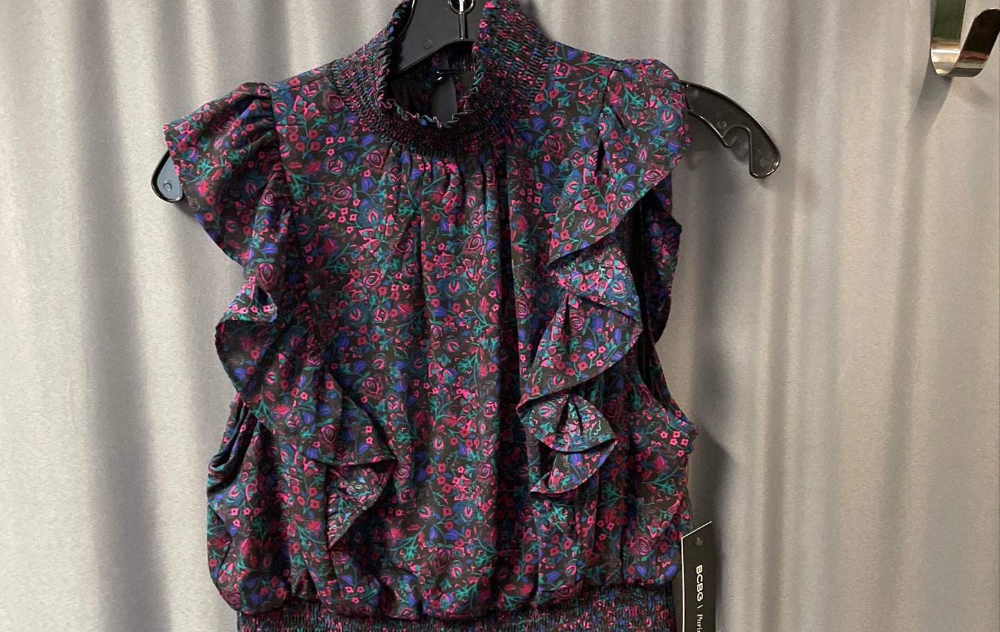 BCBG Paris Women's Black Floral Halter Midi Dress Smocked Waist Ruffle Sz S NWT