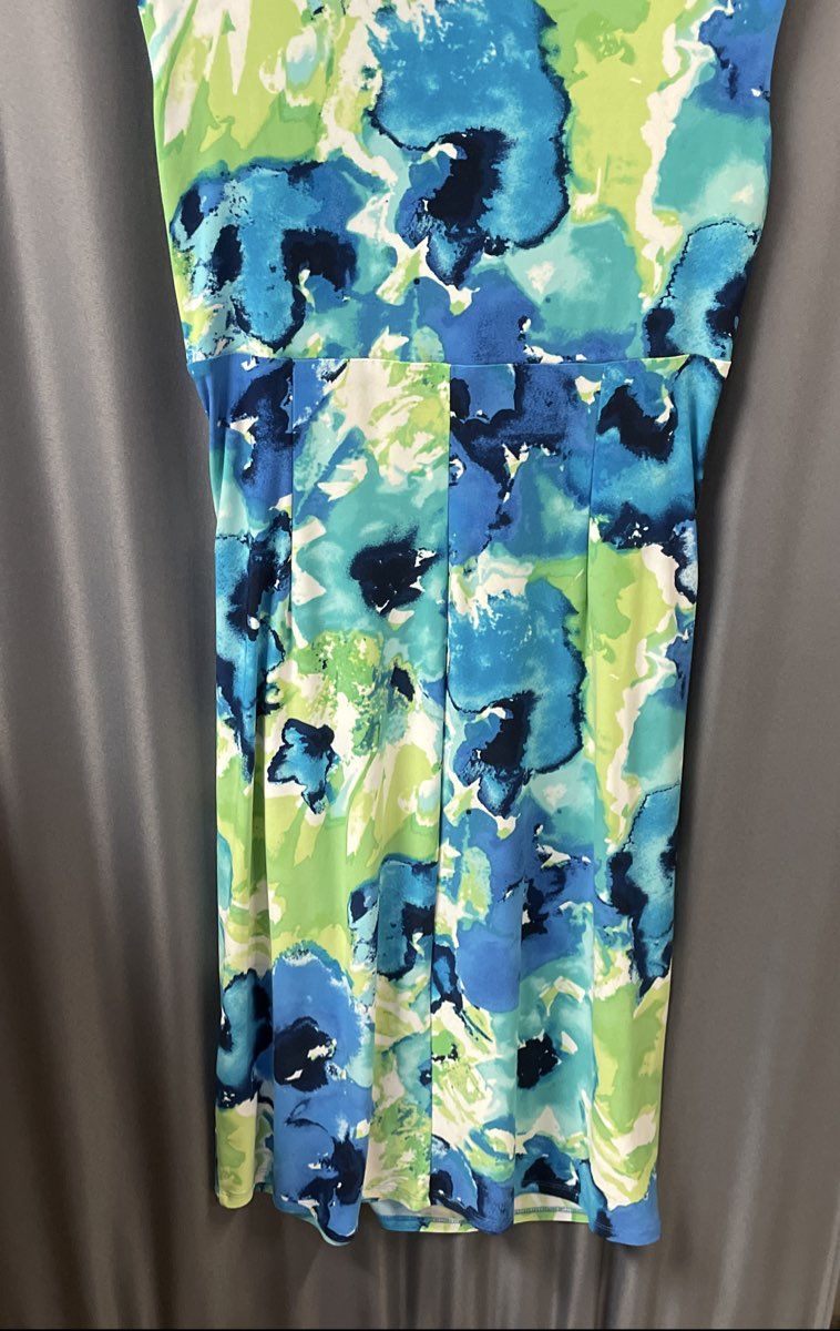Lauren Ralph Lauren Blue Green Watercolor Floral Ruched Dress Sz 6