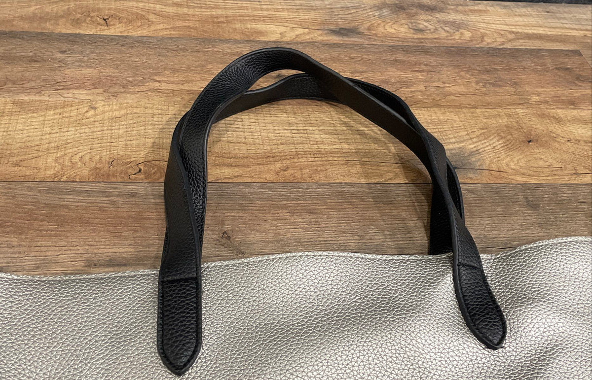 Silver Metallic Pebbled Faux Leather Tote Bag Large Black Handles