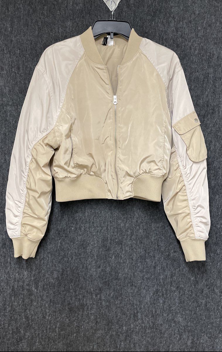 H&M Divided Women's Tan Ruched Sleeve Satin Bomber Jacket Sz S