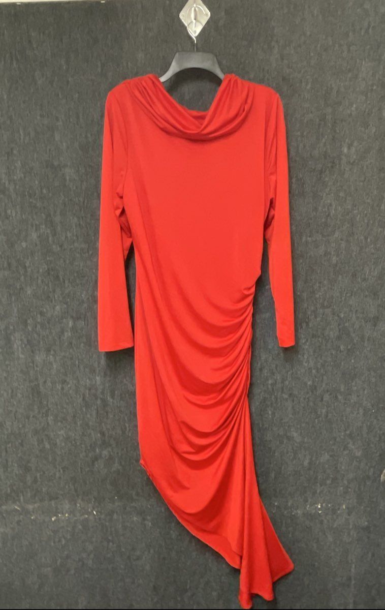 Ashro Women's Red Ruched Cowl Neck Evening Dress Long Sleeve Rhinestone Pin Sz L