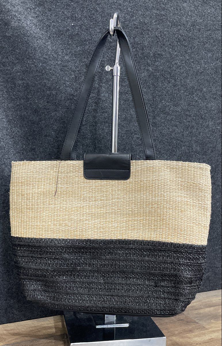 Simply Vera Vera Wang Tan Black Woven Straw Tote Large Contemporary Shoulder Bag