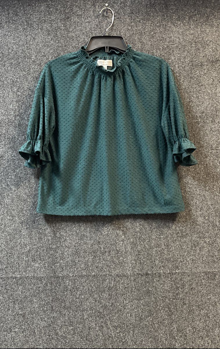 Madewell Women's Texture & Thread Green Swiss Dot Smocked Neck Blouse Sz S NWT