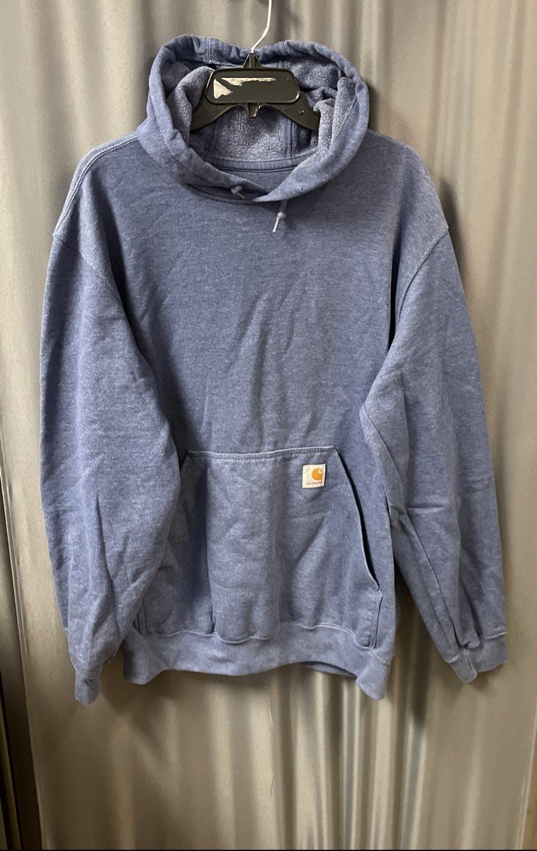 Carhartt Men's Blue Original Fit Pullover Hoodie Orange Sleeve Logo Size L