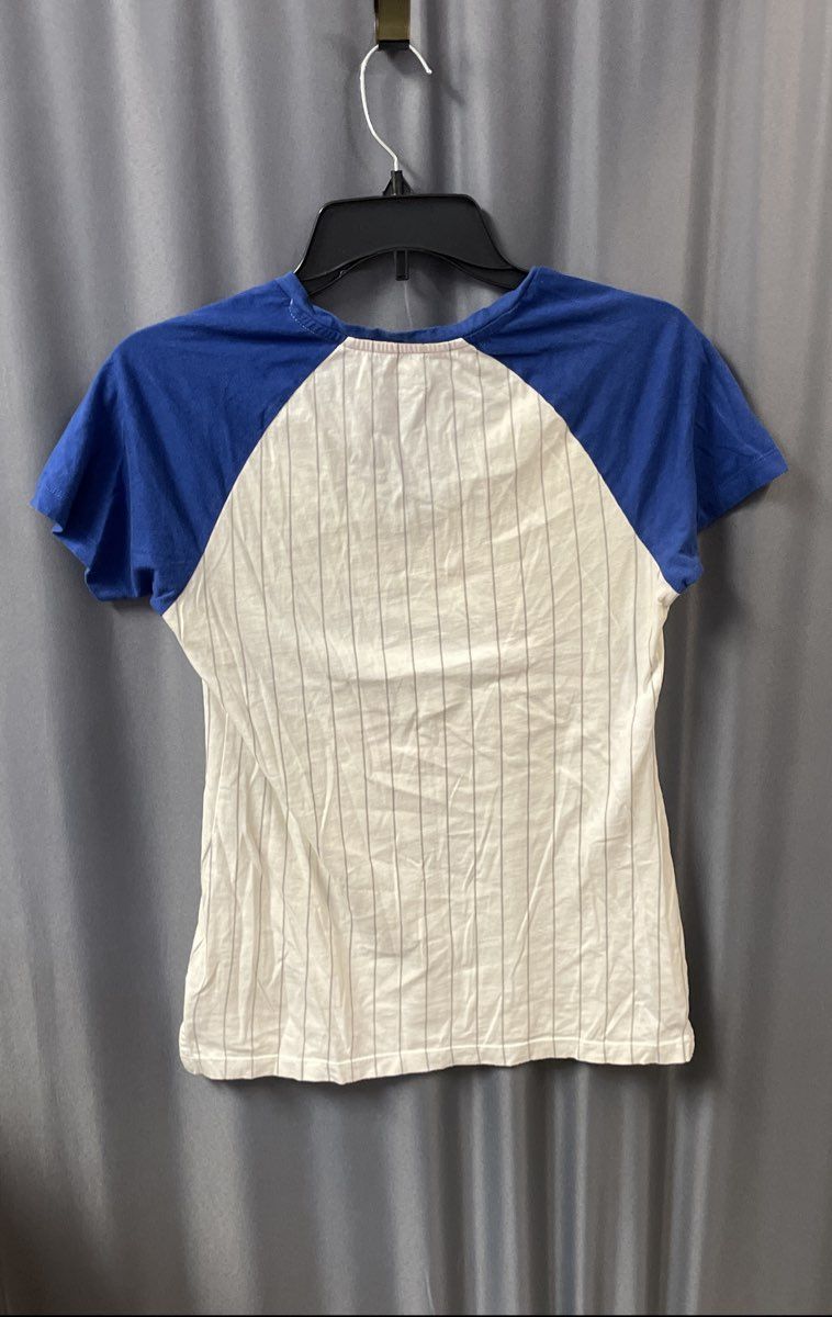 Majestic Women's Chicago Cubs T-Shirt White Blue Pinstripe V-Neck Raglan Sz S