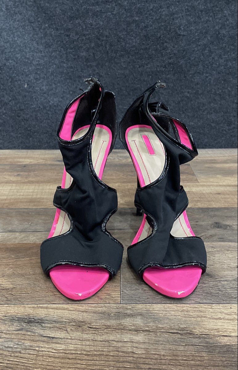 BCBG Paris Black Neon Pink Cutout Open Toe High Heel Sandals Women's Size 10