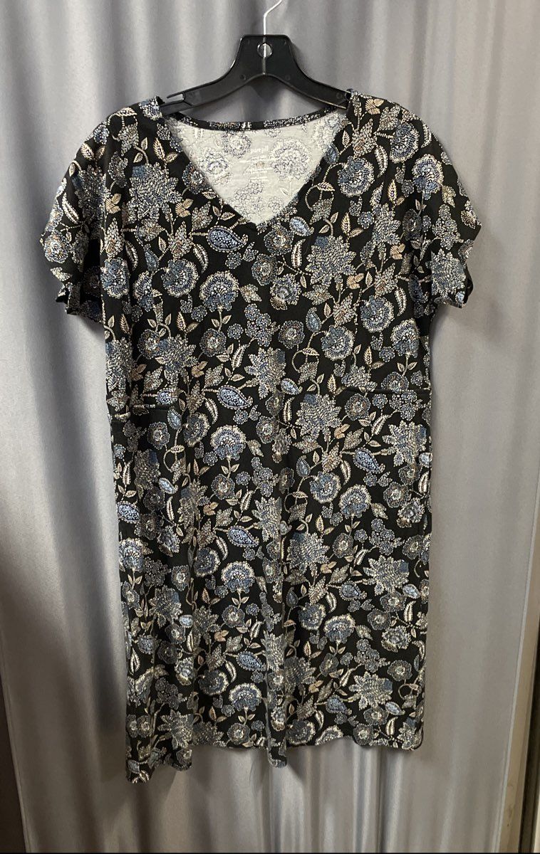 Purejill Women's Black Blue Floral V-Neck Organic Cotton T-Shirt Dress Sz S