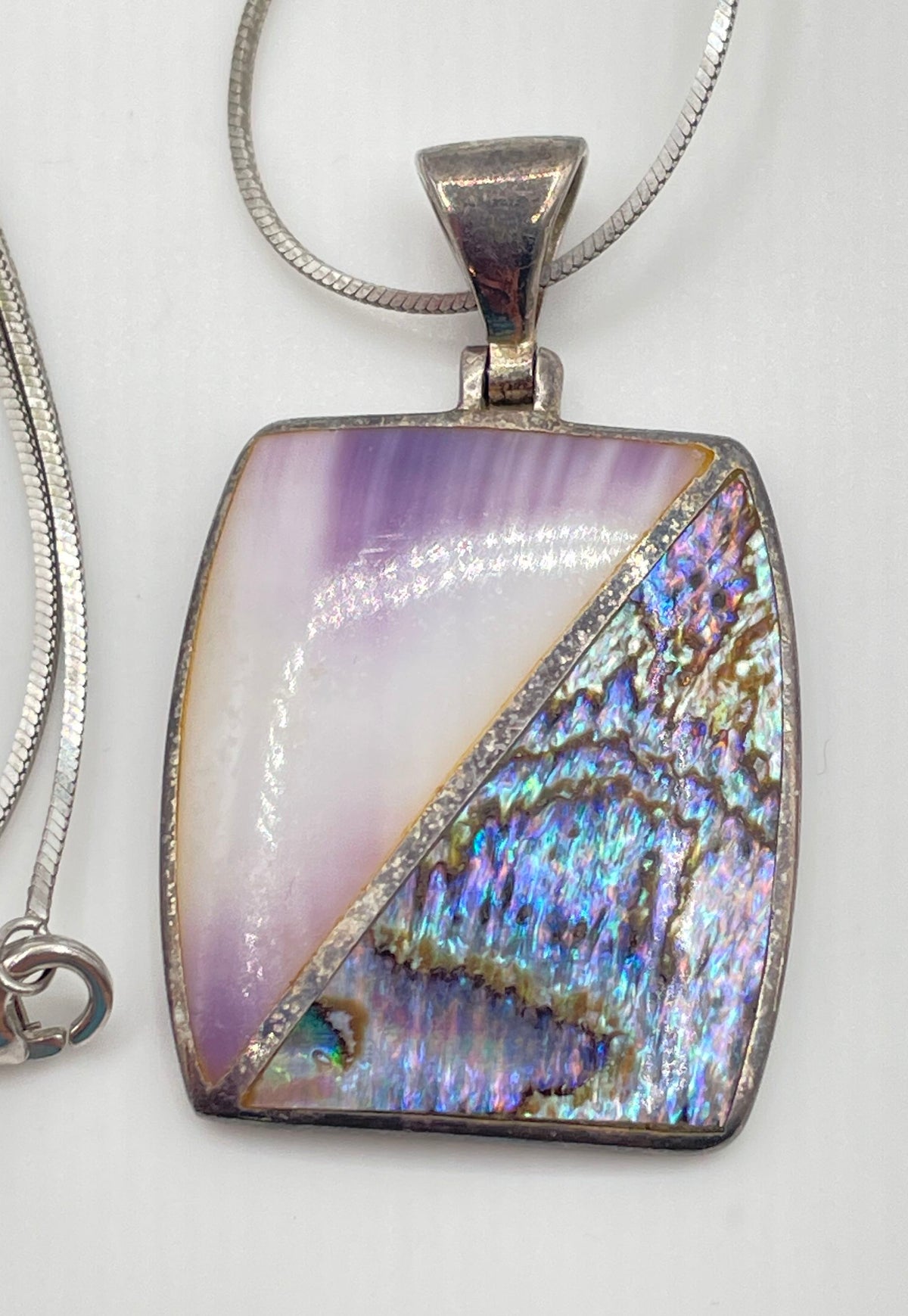 925 Sterling Silver Wampum & Abalone Shell Split Pendant Necklace 8.5g