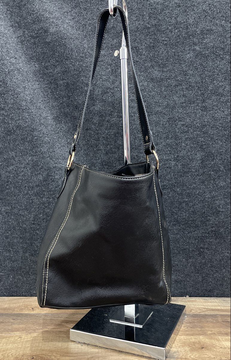 Montana West Black Leather Shoulder Bag Handbag Gold Hardware Contrast Stitch