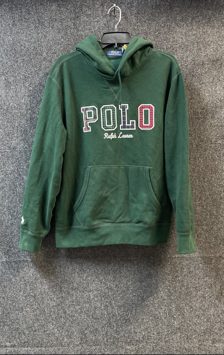 Polo Ralph Lauren Men's Green Hoodie Plaid Chenille Logo Sweatshirt Size M