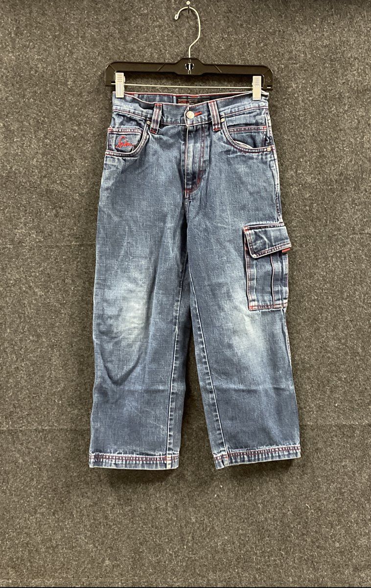 Vintage Y2K FUBU Boy's Cargo Carpenter Jeans Blue Wide Leg Denim Size 8