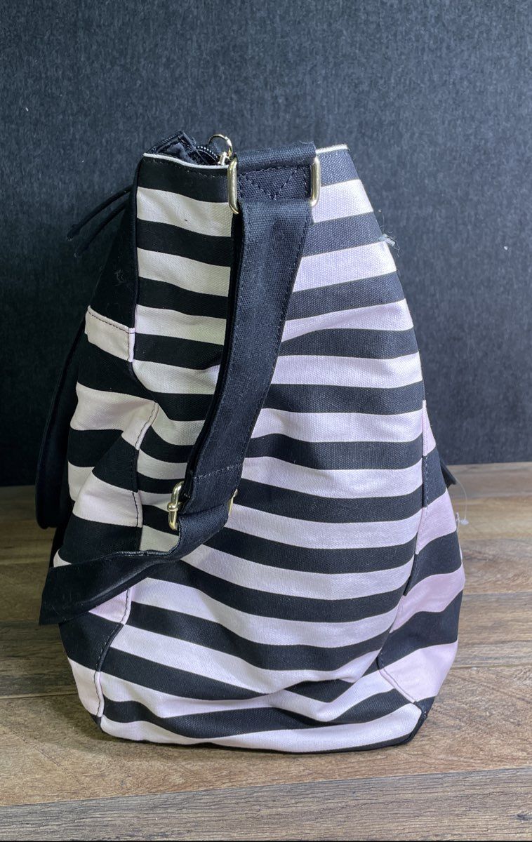 Victoria's Secret Pink Black Striped Canvas Large Tote Bag with Pouch Set NWT