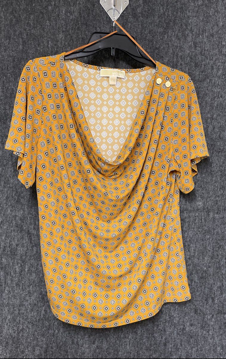 Michael Kors Women's Mustard Geometric Cowl Neck Blouse MK Logo Buttons Size L
