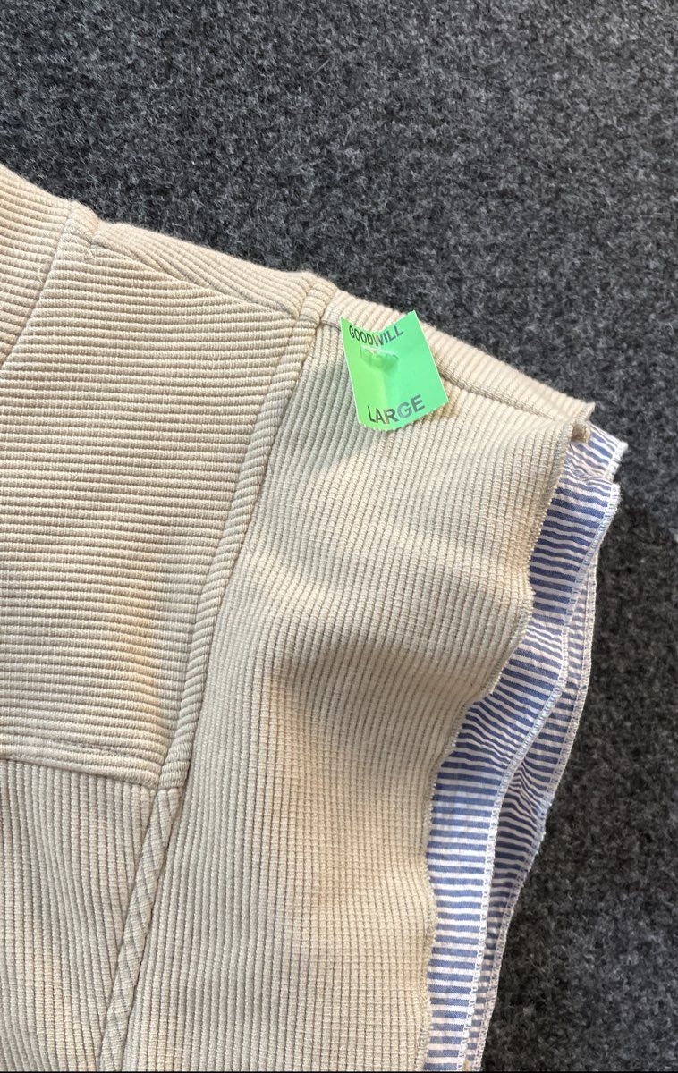 Anthropologie Women's Ruffle Sleeveless Top Beige Blue Striped Button Back Sz L
