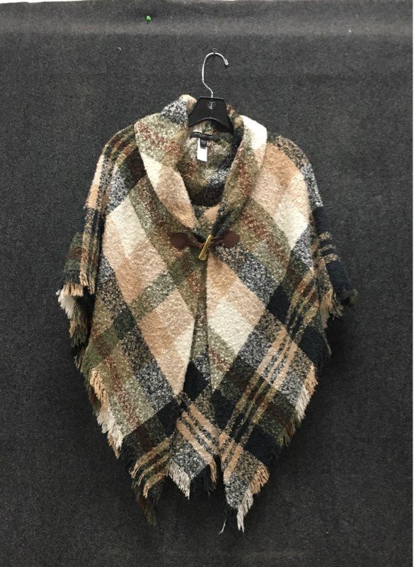 Marc New York Andrew Marc Women's Plaid Poncho Green Tan Toggle Fringe One Size