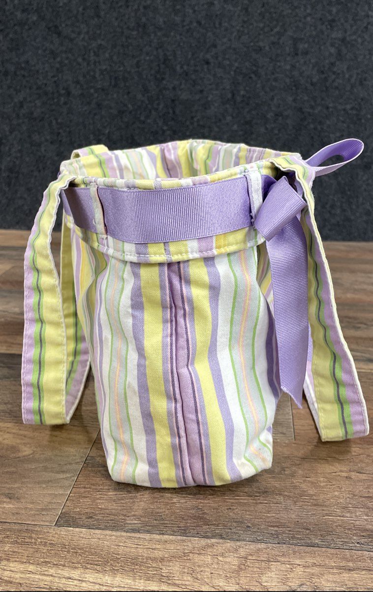 Longaberger Purple Yellow Striped Canvas Fabric Tote Bag Small Ribbon Bow