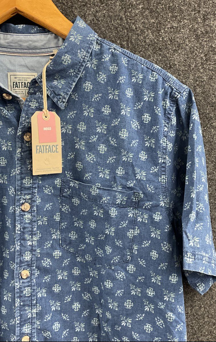 FatFace Men's Indigo Blue Geo Print Short Sleeve Cotton Shirt XL Regular NWT