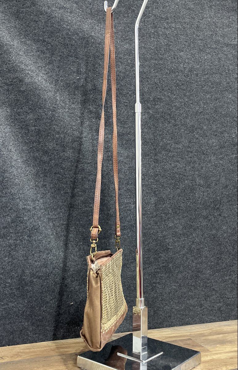 The Sak Brown Leather Gold Metallic Woven Chevron Crossbody Purse Bag