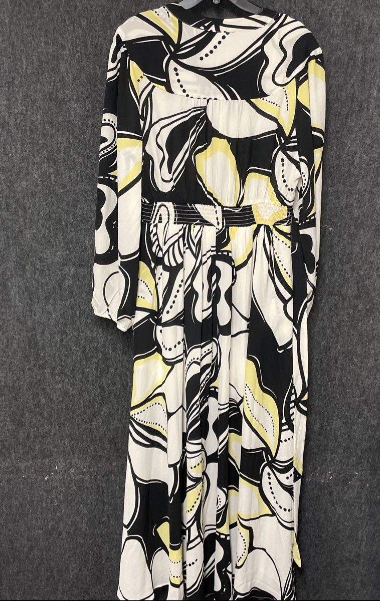 Premier Amour Women's Black Yellow Abstract Floral Maxi Dress V-Neck NWT Sz 16