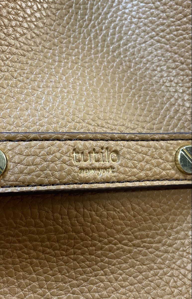 Tutilo New York Tan Pebbled Cinch Tote Bag Gold Hardware Large Handbag