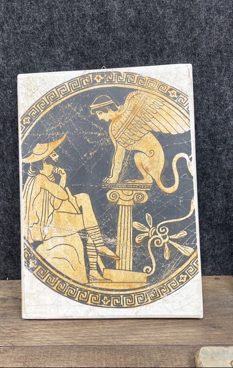 Vintage Greek Pottery Lot Oedipus Sphinx Plaque Hand Painted Vase + Art Tile