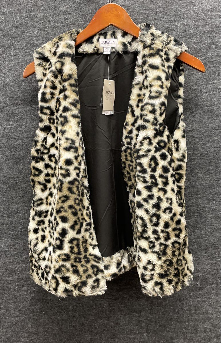 Carmen Marc Valvo Women's Leopard Print Faux Fur Open Front Vest NWT Sz S