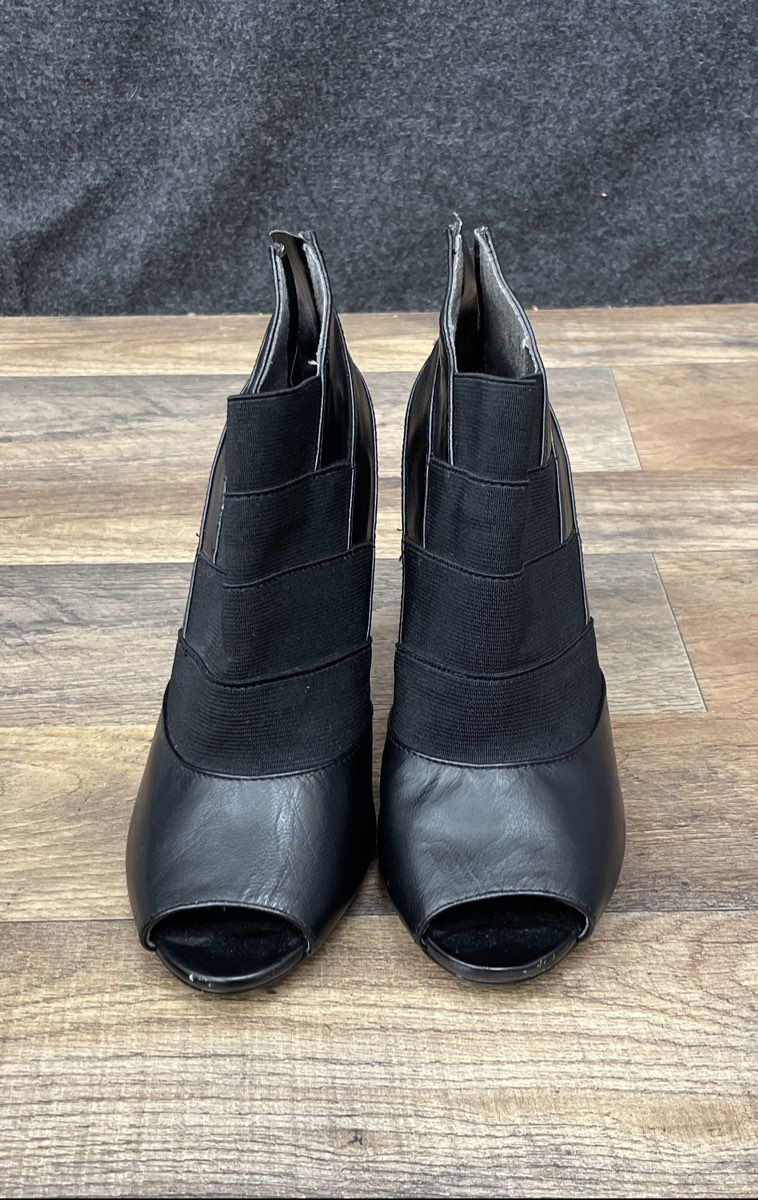 Adrienne Vittadini Black Leather & Stretch Peep Toe Ankle Booties Size 6.5