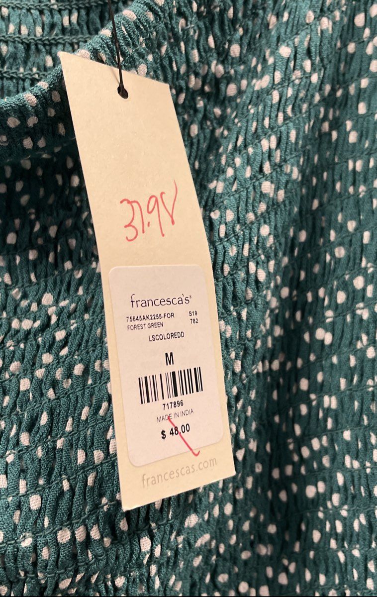 Blue Rain Women's Green Polka Dot Smocked Square Neck Crop Top Blouse M NWT