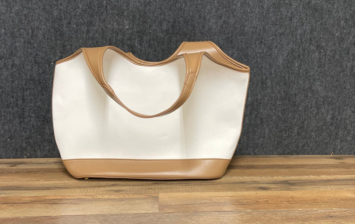 Tahari White Canvas and Tan Leather Trim Travel Tote Handbag Large Embossed Logo