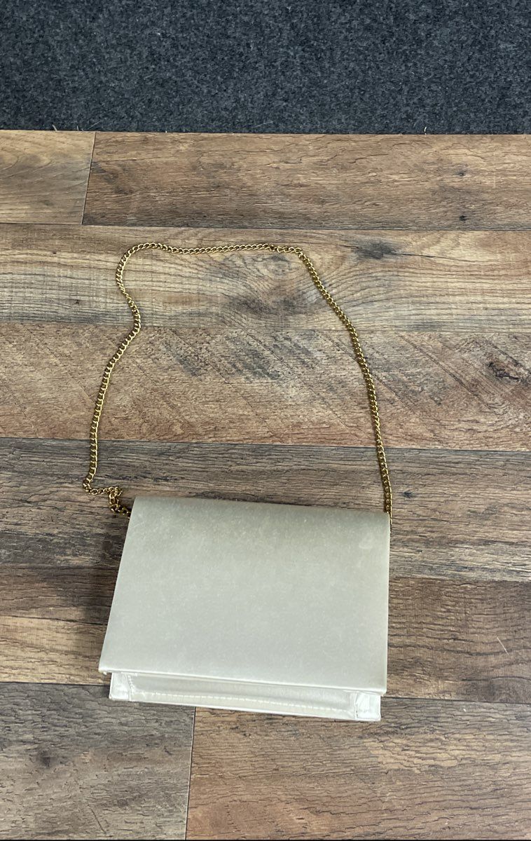 Vintage 90s Dyeables Cream Satin Beaded Lace Bow Evening Bag Clutch Gold Chain