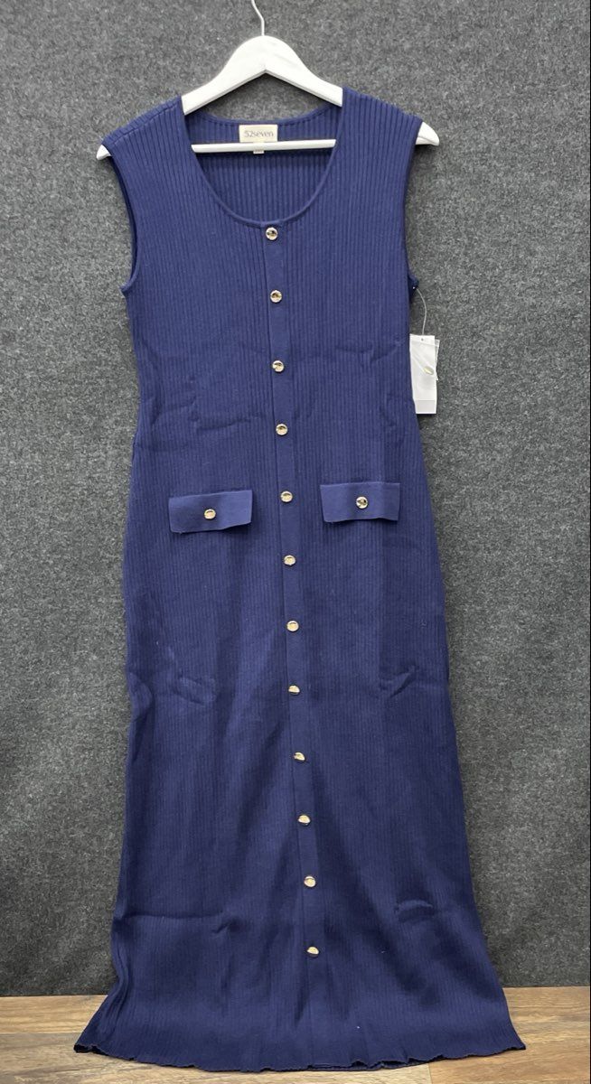 52seven Women's Navy Blue Ribbed Knit Sleeveless Maxi Dress NWT Size L