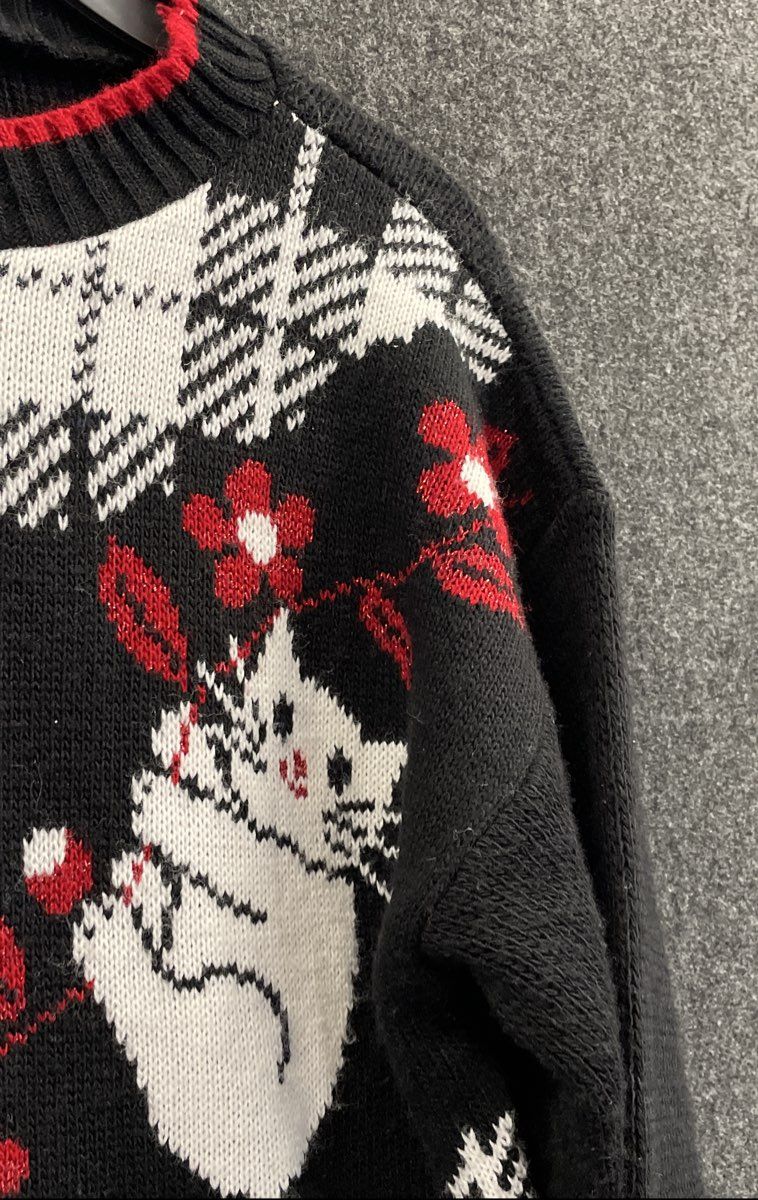 Vintage 90s JJ Browne Women's Black Cat Floral Plaid Ugly Christmas Sweater XXL