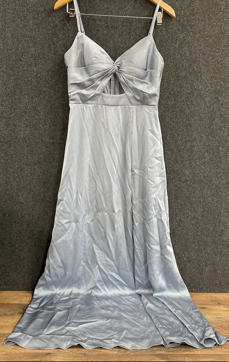 Azazie Women's Light Blue Satin Twisted Bodice Cutout Formal Maxi Dress Sz A6