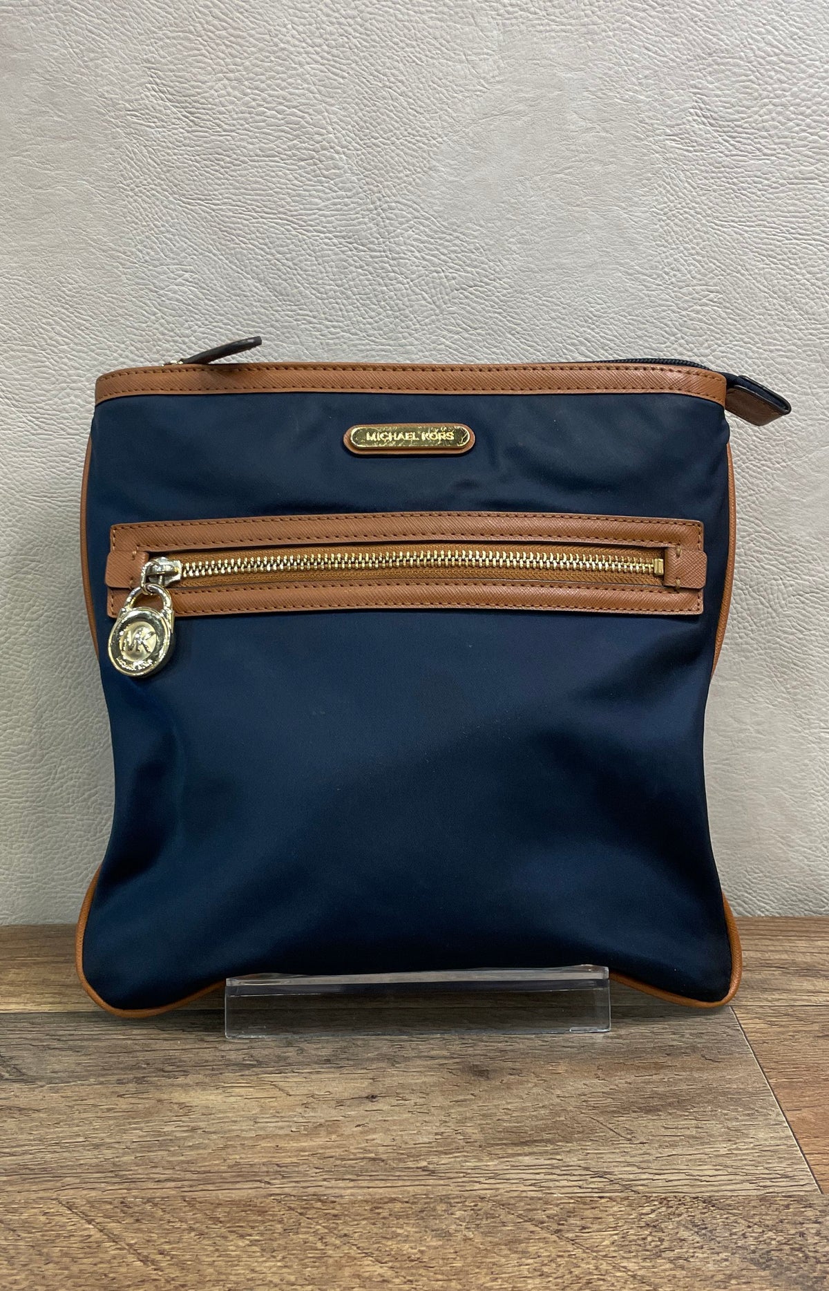 Michael Kors Navy Nylon Tan Leather Trim Crossbody Bag Gold Hardware