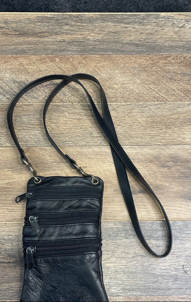 Delsey Black Leather Multi-Zipper Crossbody Bag Small Travel Pouch