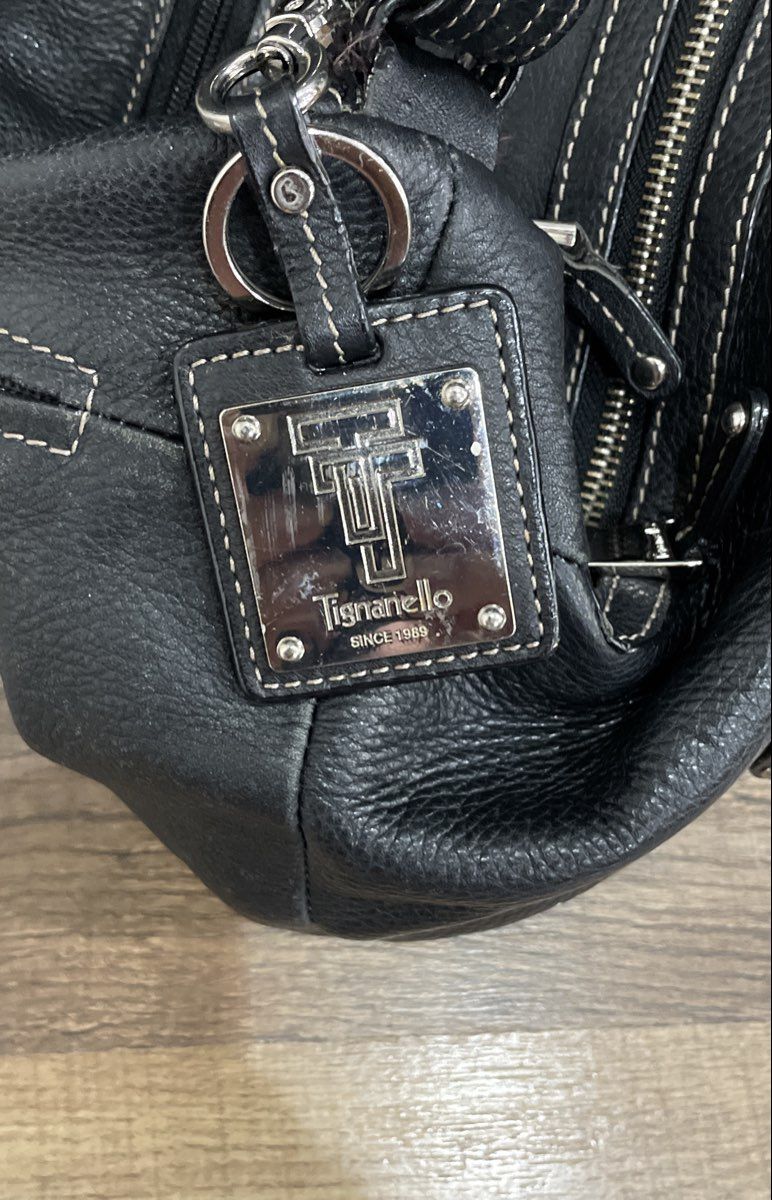 Tignanello Black Leather Multi Pocket Crossbody Bag Silver Hardware