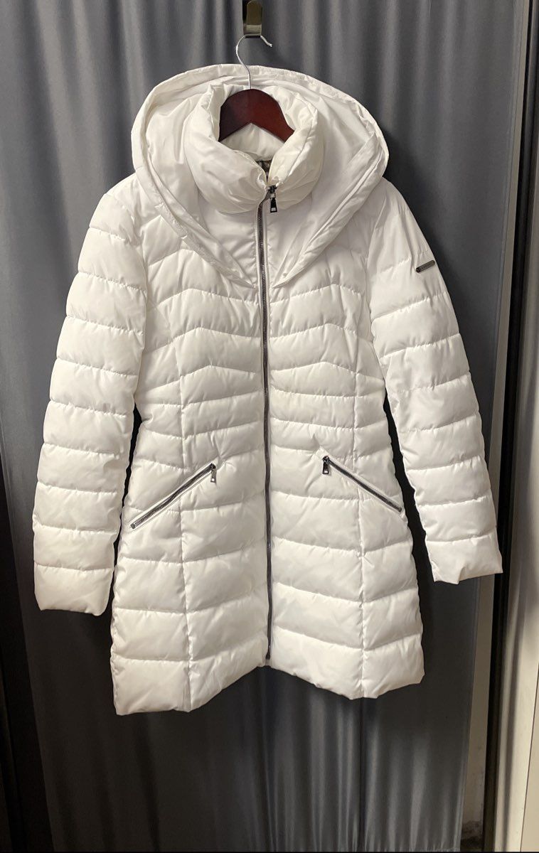 Laundry by Shelli Segal Women's White Hooded Puffer Parka Jacket Cinch Sz S